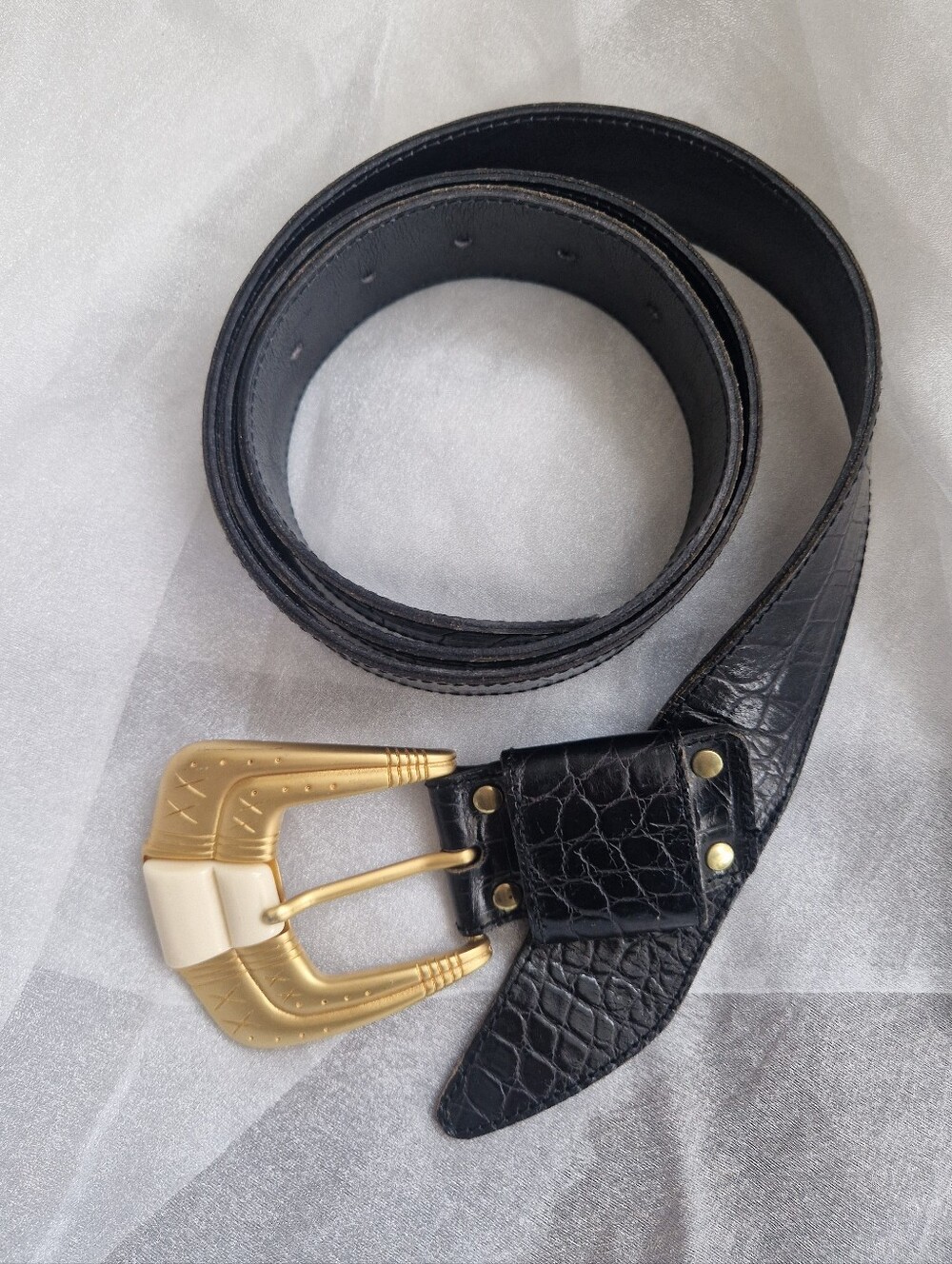 Black Croc-Texture Leather Belt with Gold Buckle
